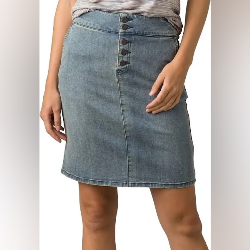 Prana Aubrey Dusted Blue Organic Cotton High-Waist Denim Skirt - Picture 2 of 8